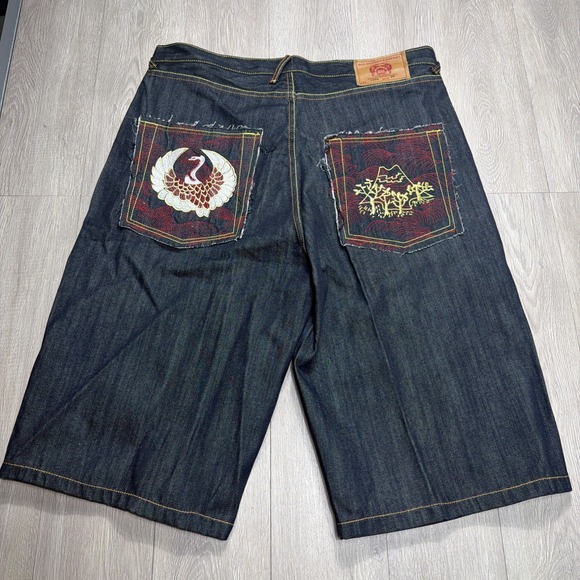 Vintage Y2K RMC Red Monkey Denim Jean Shorts Embroidered Baggy Sz 38 2000's NEW!